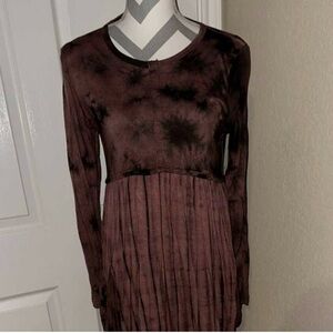Boho Soft Brown Long Sleeve Crew Neck Dress with Pockets